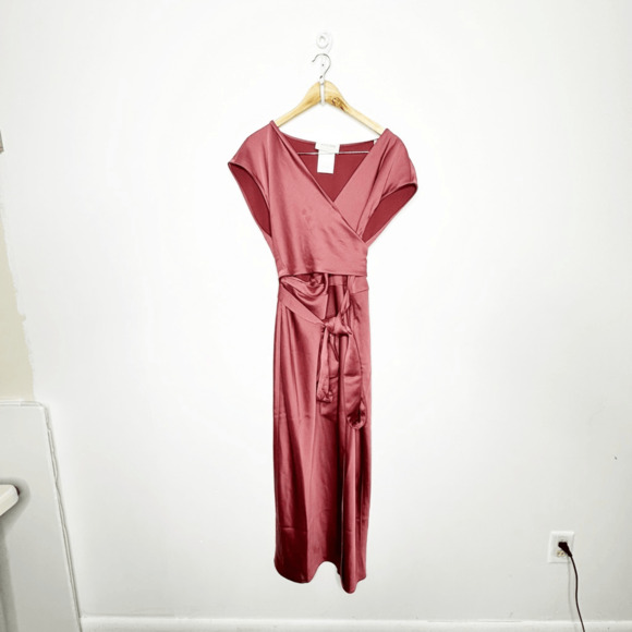 BHLDN Louisa Satin Charmeuse Midi Dress In Pink Satin Wrap bridesmaid US 6 - Picture 2 of 7